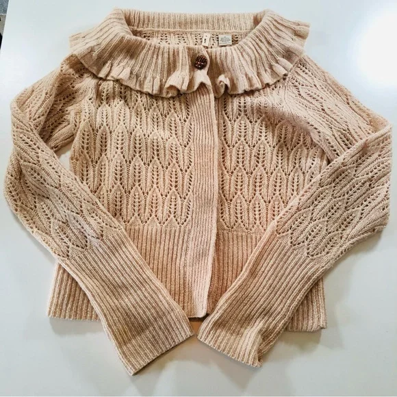 Anthropologie Moth Women’s S, Ruffled Collar, Tan Crochet Cardigan Sweater, Wool - Picture 1 of 13